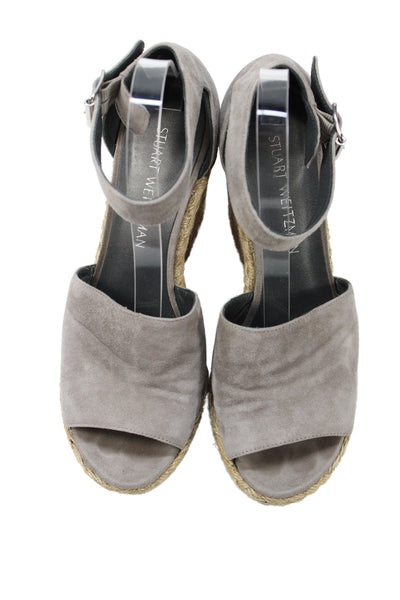 Stuart Weitzman Womens Wedge Heel Platform Ankle Strap Sandals Gray Suede 8.5M