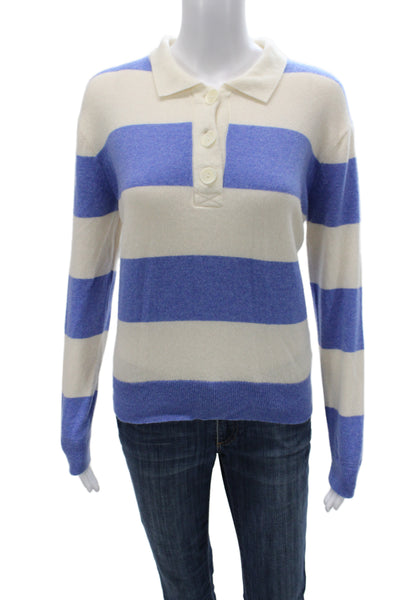 J Crew Women Pullover Cashmere Striped Collared Long Sleeve Blue Sweater Size M