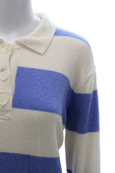 J Crew Women Pullover Cashmere Striped Collared Long Sleeve Blue Sweater Size M