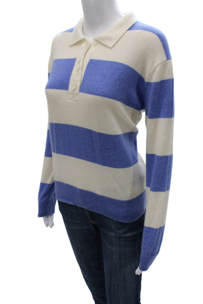 J Crew Women Pullover Cashmere Striped Collared Long Sleeve Blue Sweater Size M