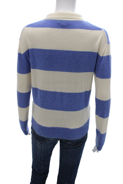 J Crew Women Pullover Cashmere Striped Collared Long Sleeve Blue Sweater Size M