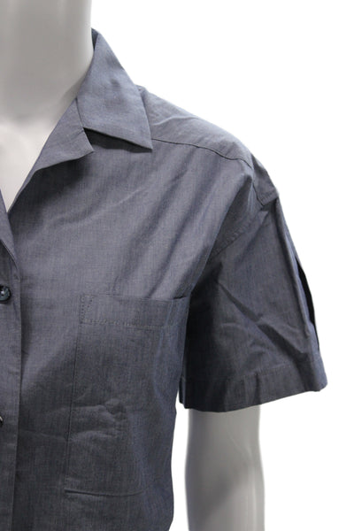 Grammar Women Basic Button-Up Collared Short Sleeve Organic Cotton Blue Size S
