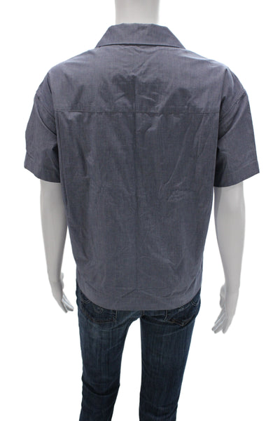 Grammar Women Basic Button-Up Collared Short Sleeve Organic Cotton Blue Size S