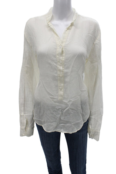 Enza Costa Women Basic Ivory Cotton Collared Long Sleeve Button Up Shirt Size 3