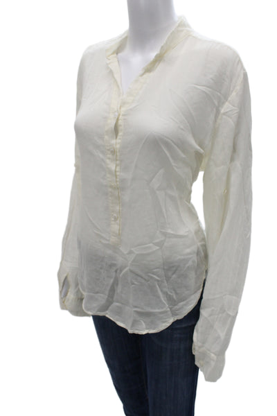 Enza Costa Women Basic Ivory Cotton Collared Long Sleeve Button Up Shirt Size 3
