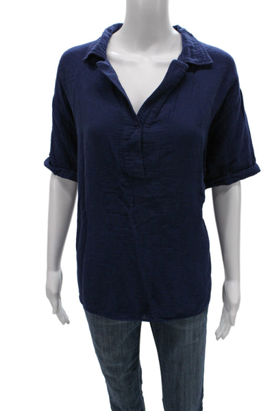 9 Seed Women Linen Collared Short Sleeve Blouse Blue Resort Pullover Size M