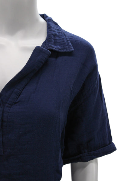 9 Seed Women Linen Collared Short Sleeve Blouse Blue Resort Pullover Size M