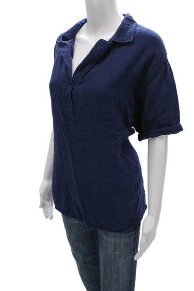9 Seed Women Linen Collared Short Sleeve Blouse Blue Resort Pullover Size M