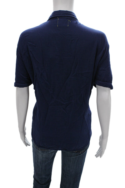 9 Seed Women Linen Collared Short Sleeve Blouse Blue Resort Pullover Size M
