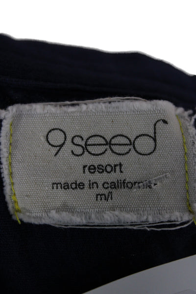 9 Seed Women Linen Collared Short Sleeve Blouse Blue Resort Pullover Size M