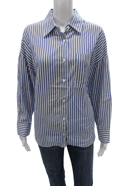 Stateside Womens Striped Collared Button-Up Blue Cotton Long Sleeve Size L