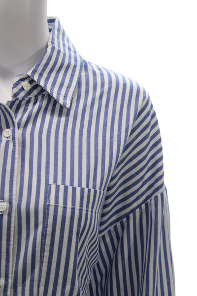 Stateside Womens Striped Collared Button-Up Blue Cotton Long Sleeve Size L