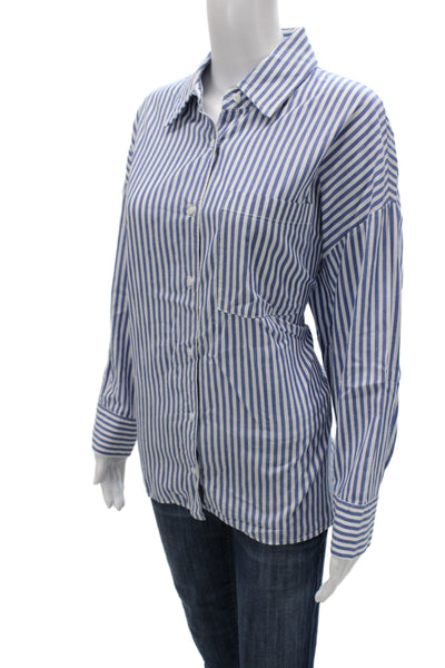 Stateside Womens Striped Collared Button-Up Blue Cotton Long Sleeve Size L