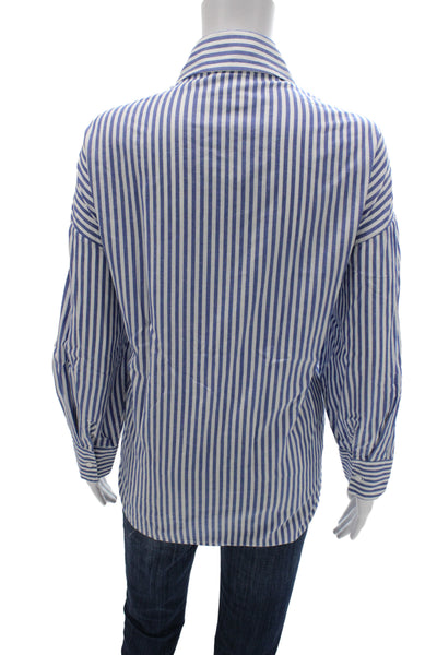 Stateside Womens Striped Collared Button-Up Blue Cotton Long Sleeve Size L