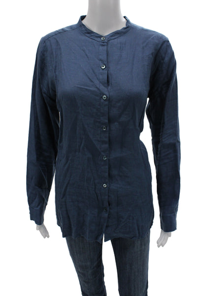 Majestic Filatures Women Tunic Button-Up Collared Linen Long Sleeve Blue Size 4