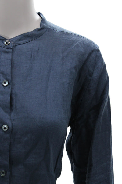 Majestic Filatures Women Tunic Button-Up Collared Linen Long Sleeve Blue Size 4