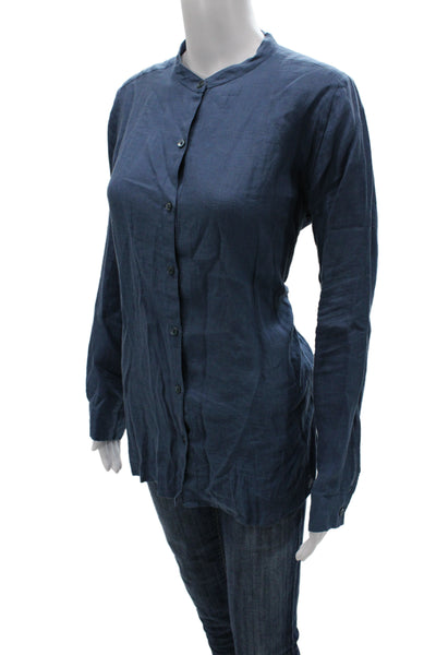 Majestic Filatures Women Tunic Button-Up Collared Linen Long Sleeve Blue Size 4