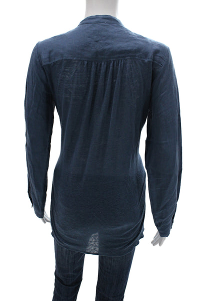 Majestic Filatures Women Tunic Button-Up Collared Linen Long Sleeve Blue Size 4