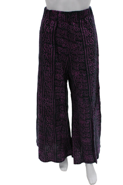 Kahindo Women Wide-Leg Pants Purple 100% Cotton Geometric Pull On Size S