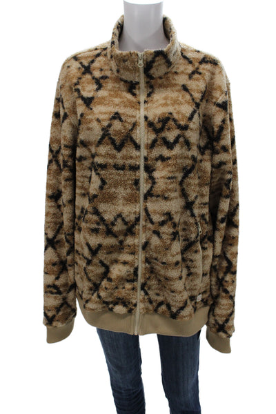 Marine Layer Unisex Adults Beige Geometric Bomber Jacket Zip Polyester Size L