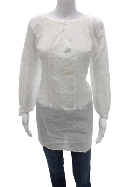 J Crew Womens Bohemian Geometric Cotton Tunic Boat Neck Long Sleeve White Size 4