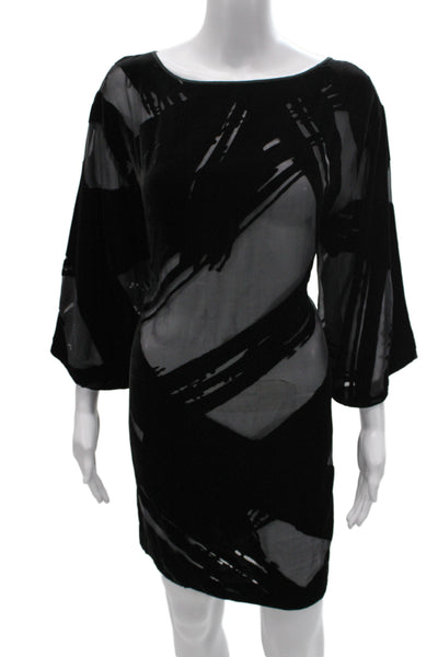 Trina Turk Women Shift Dress Black Silk Boat Neck 3/4 Sleeve Short Size M