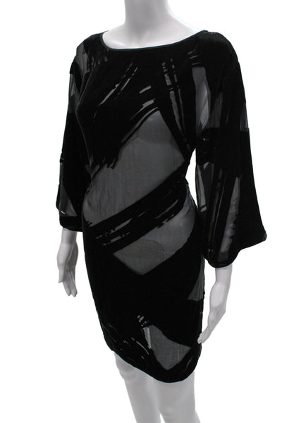 Trina Turk Women Shift Dress Black Silk Boat Neck 3/4 Sleeve Short Size M