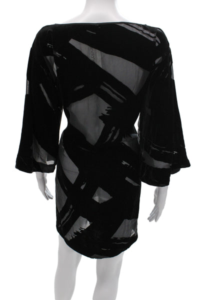 Trina Turk Women Shift Dress Black Silk Boat Neck 3/4 Sleeve Short Size M