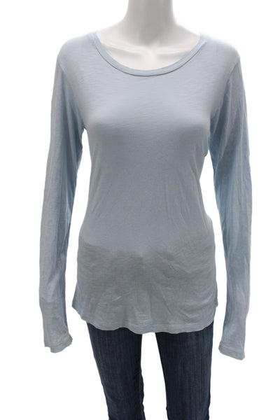 Vince Women Basic Scoop Neck Long Sleeve T-Shirt Blue Pima Cotton Size S