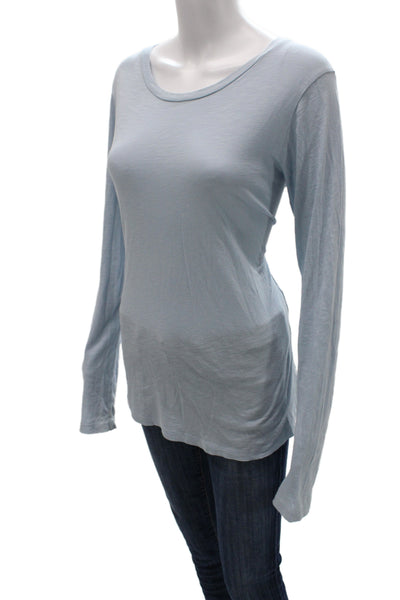 Vince Women Basic Scoop Neck Long Sleeve T-Shirt Blue Pima Cotton Size S
