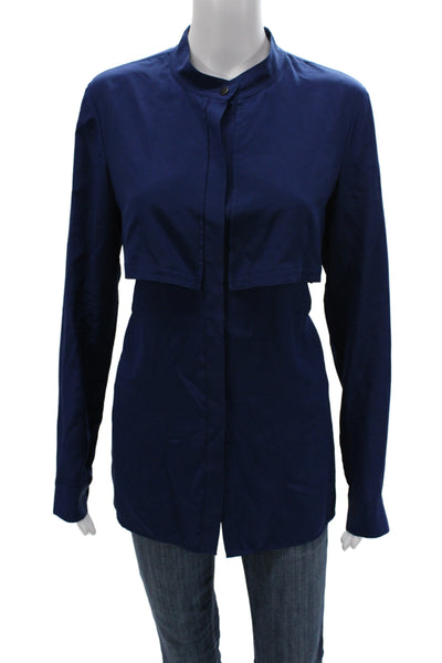 Vince Women Blue Silk Collared Tunic Button-Up Long Sleeve Solid Size M