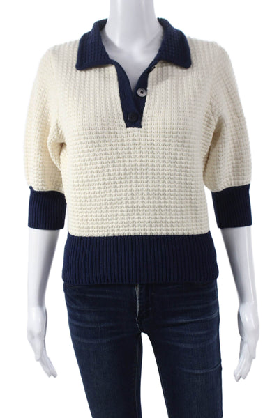 Staud Womens Pullover Sweater Ivory Cotton Blend Collared 3/4 Sleeve Size S