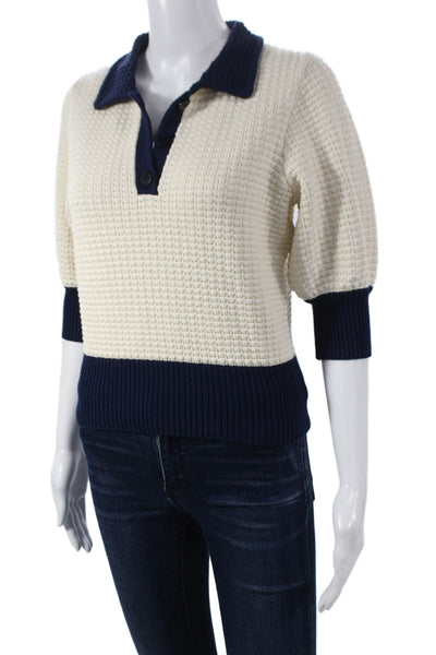 Staud Womens Pullover Sweater Ivory Cotton Blend Collared 3/4 Sleeve Size S