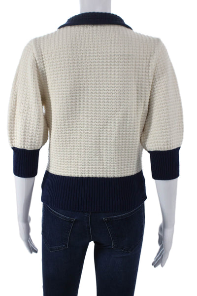 Staud Womens Pullover Sweater Ivory Cotton Blend Collared 3/4 Sleeve Size S