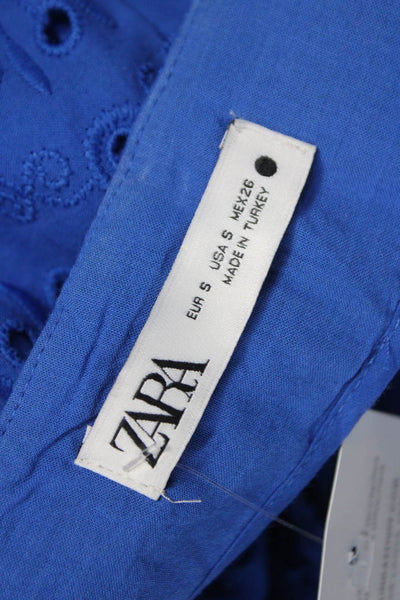 Zara Women Hot Pants Blue Cotton Floral Geometric Zip Size S