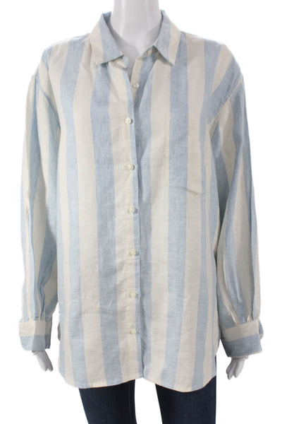 Birds of Paradis by Trovata Unisex Blue Striped Linen Button Up Size L