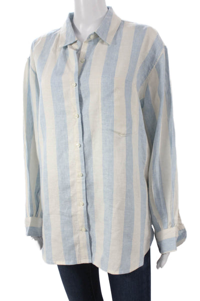 Birds of Paradis by Trovata Unisex Blue Striped Linen Button Up Size L