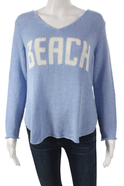 Wooden Ships Womens Blue V-Neck Longsleeve Pullover Sweater Cotton Blend Size XS