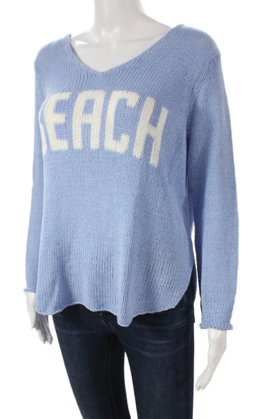 Wooden Ships Womens Blue V-Neck Longsleeve Pullover Sweater Cotton Blend Size XS