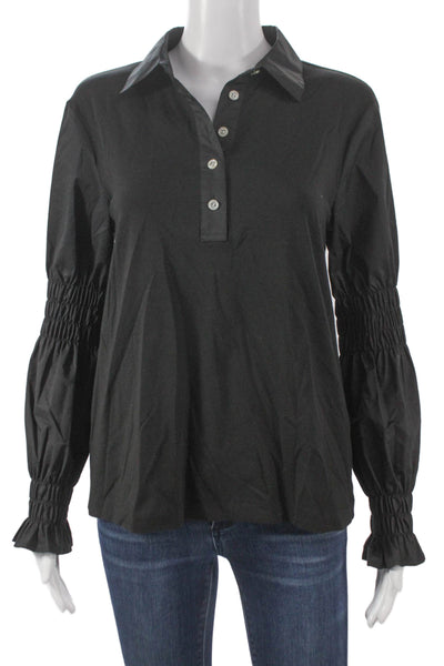 Hinson Wu Women Collared Black Cotton Button Long Sleeve Blouse Size XS