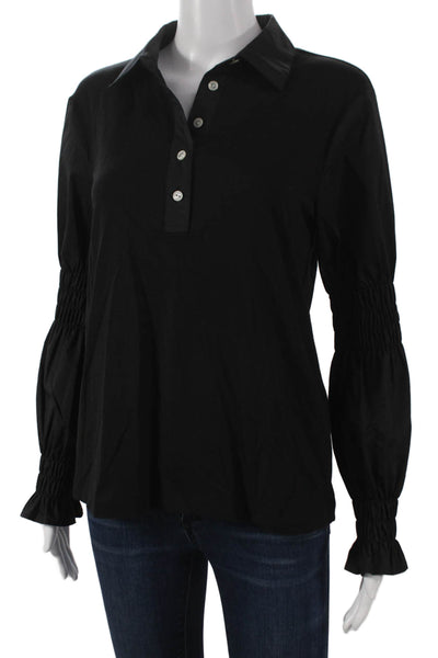 Hinson Wu Women Collared Black Cotton Button Long Sleeve Blouse Size XS