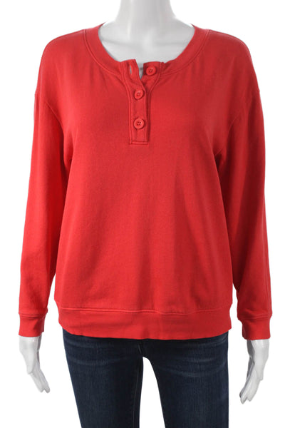 Lilla P Unisex Adults Red Henley Sweatshirt 100% Cotton Long Sleeve Size S