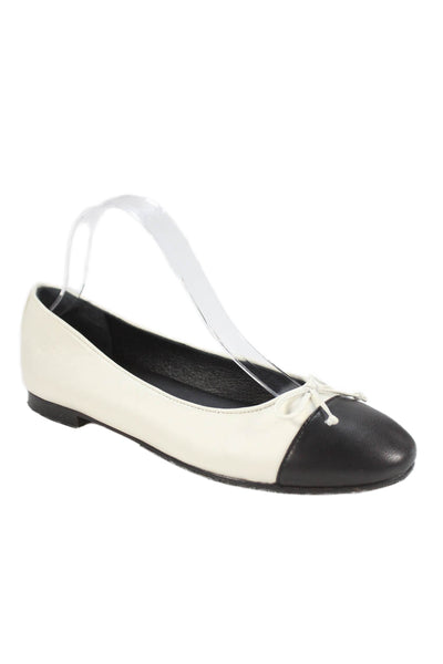 Quince Womens Leather Cap Toe Bow Ballet Flats White Black Size 8