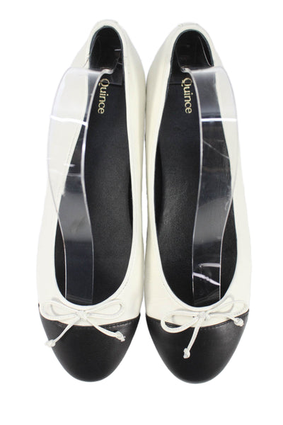 Quince Womens Leather Cap Toe Bow Ballet Flats White Black Size 8