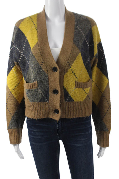 Re/Done Womens Multicolor Argyle Wool Blend V Neck Cardigan Preppy Size XS