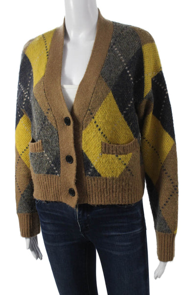 Re/Done Womens Multicolor Argyle Wool Blend V Neck Cardigan Preppy Size XS