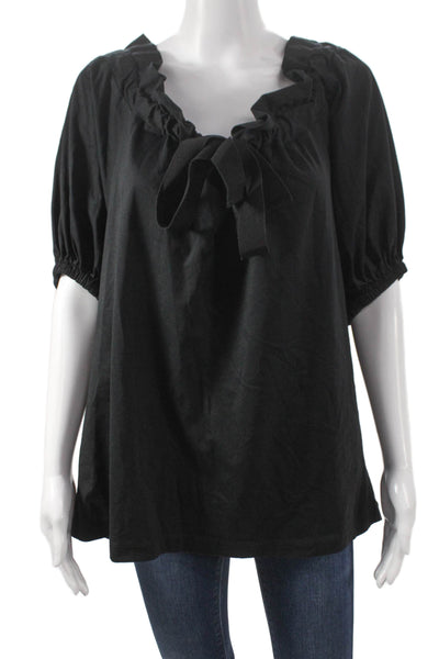 Patou Women Tunic Blouse Black Scoop Neck Cotton Short Sleeve Size M