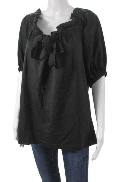 Patou Women Tunic Blouse Black Scoop Neck Cotton Short Sleeve Size M