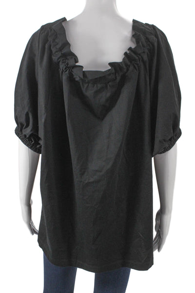 Patou Women Tunic Blouse Black Scoop Neck Cotton Short Sleeve Size M