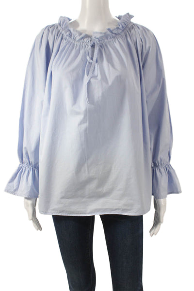 Designer Women Off the Shoulder Blue Cotton Long Sleeve Basic Blouse Size 44